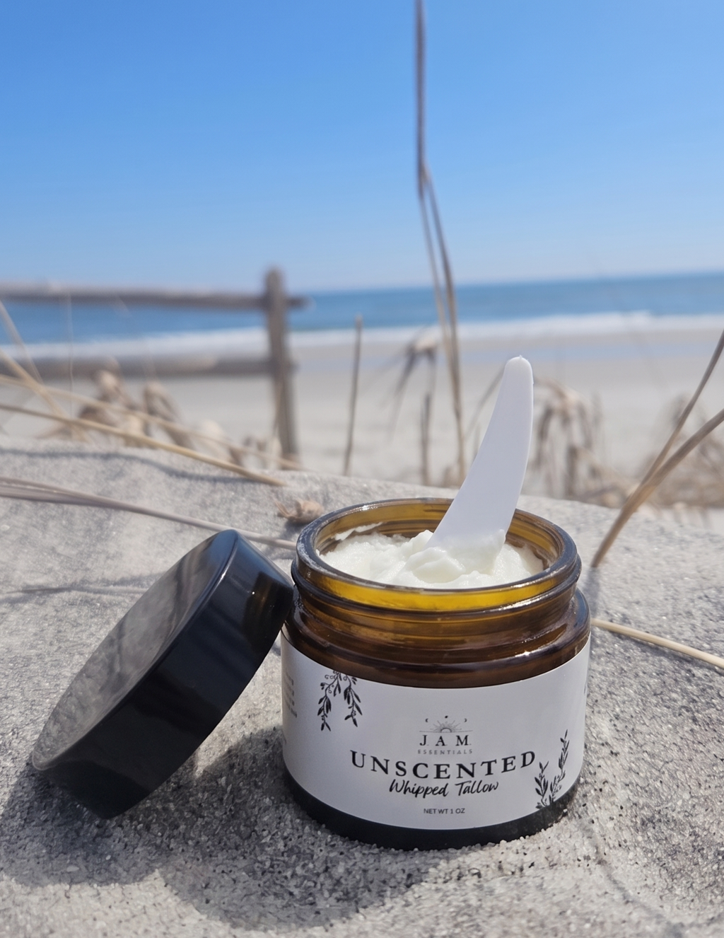 Small-batch whipped tallow body butter jar with marula oil and calendula for sensitive skin.