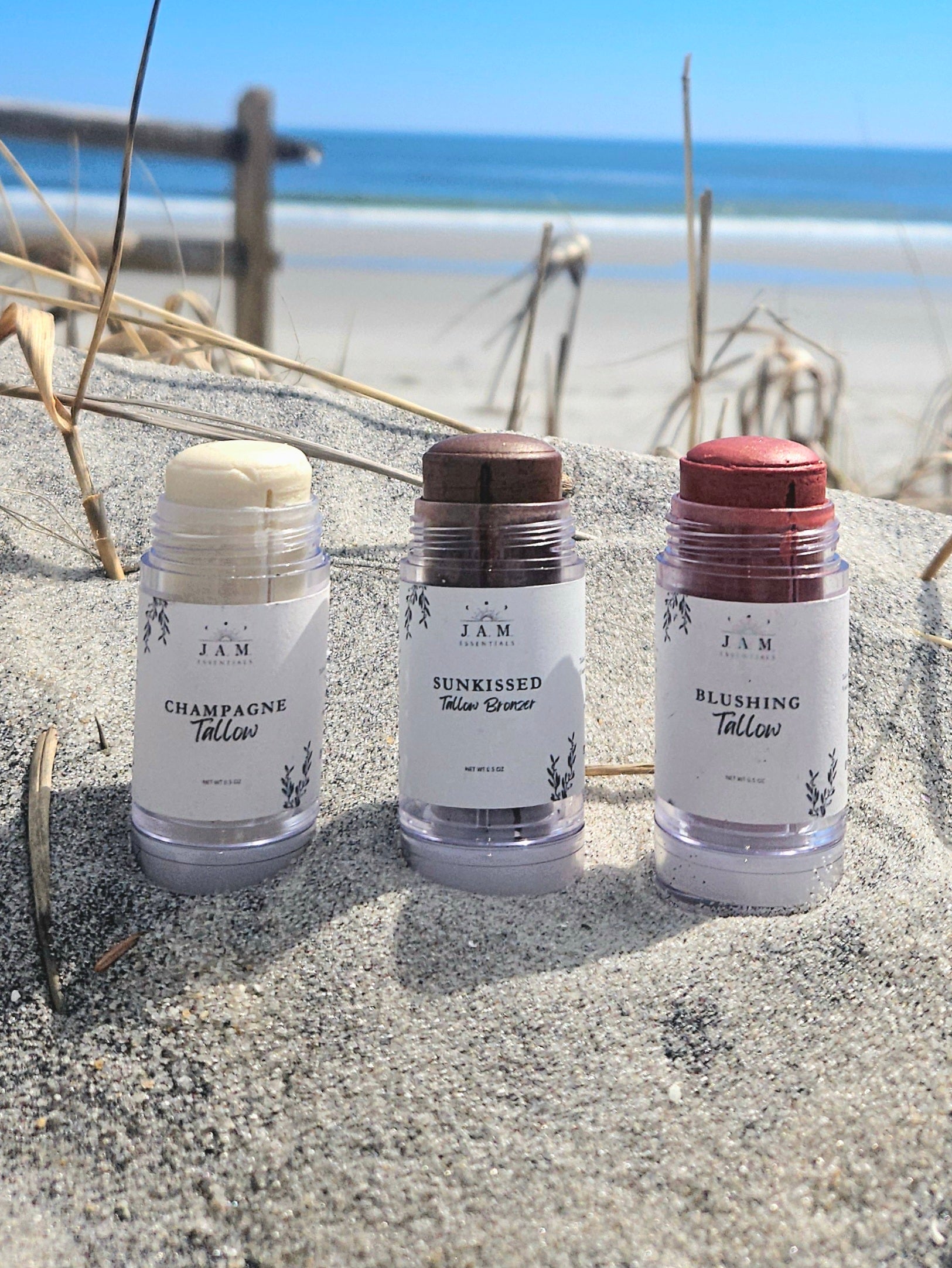Small-batch handcrafted tinted tallow bronzer balm jar with  marula oil for a natural sun-kissed glow.