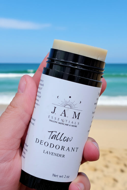 Handcrafted small-batch grass-fed tallow deodorant tube for sensitive skin, coconut oil free.