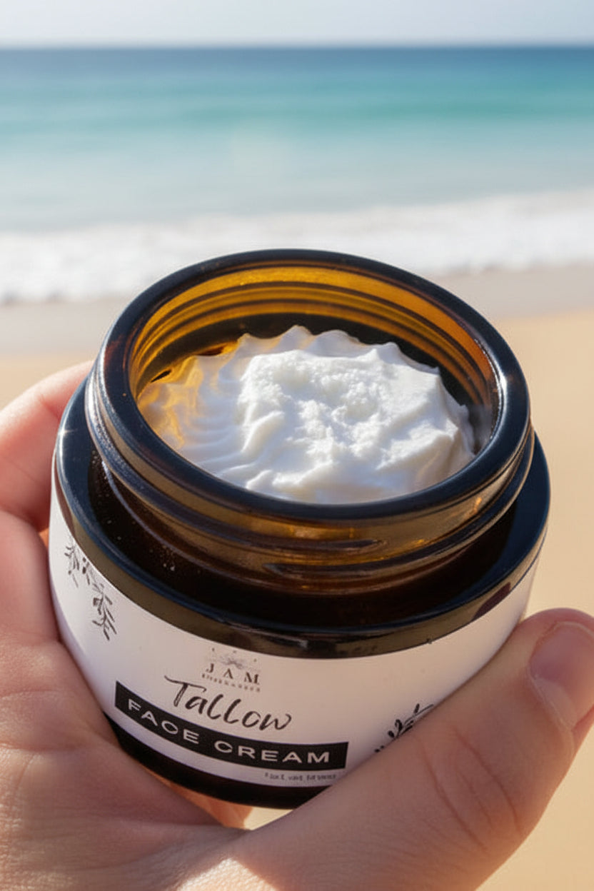 Small-batch handcrafted grass-fed tallow face cream with marula oil and jojoba oil for sensitive acne-prone skin.