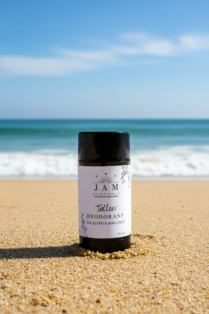Handcrafted small-batch grass-fed tallow deodorant tube for sensitive skin, coconut oil free.