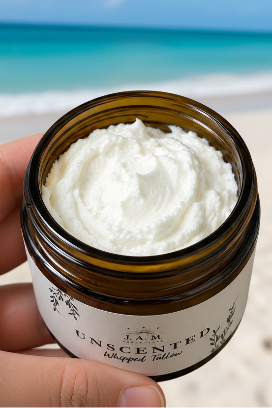 Small-batch whipped tallow body butter jar with marula oil and calendula for sensitive skin.